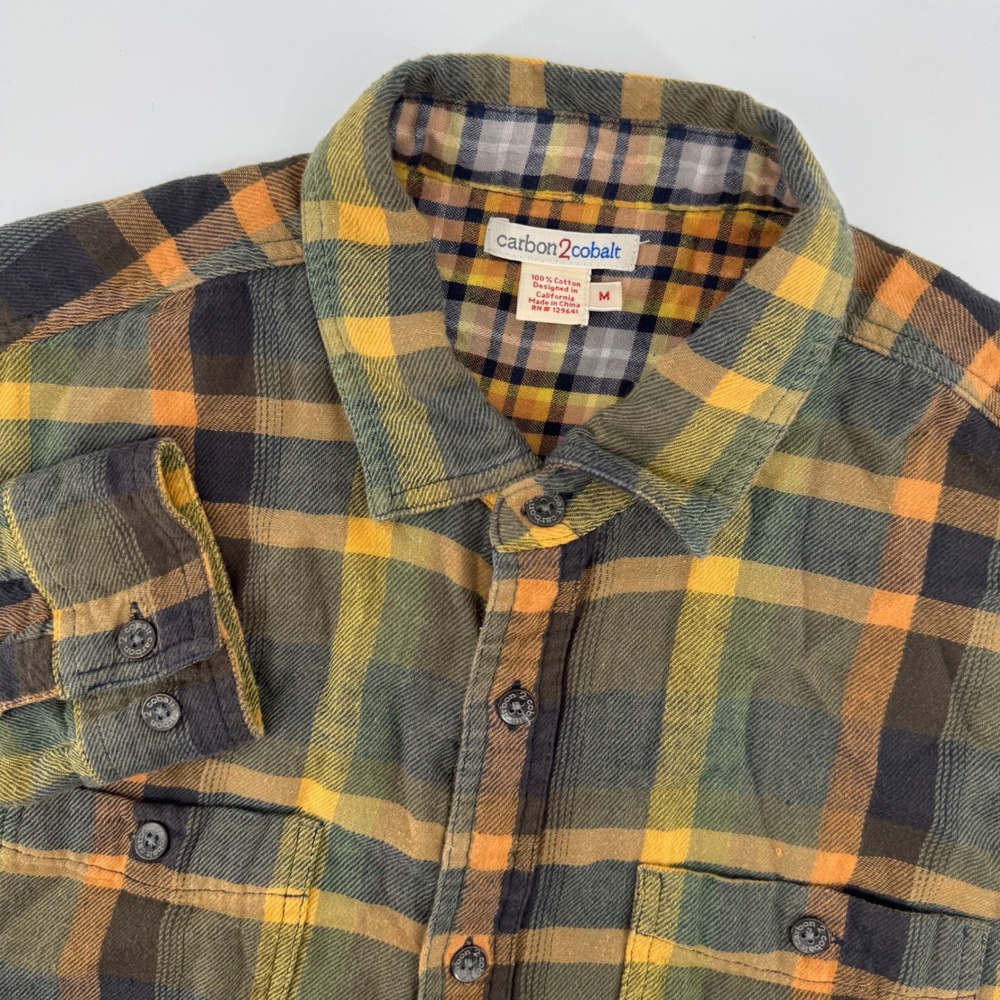 Carbon2Cobalt Flannel Shirt Mens Medium Green Orange Plaid Long Sleeve Cotton
